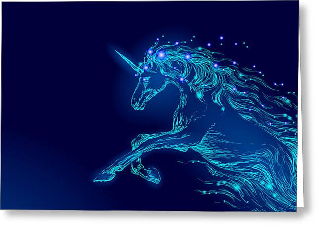 Greeting Card. Blue glowing horse unicorn riding night sky star.