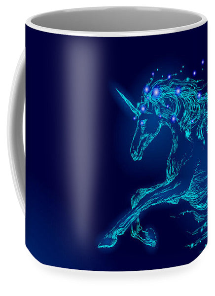 Mug. Blue glowing horse unicorn riding night sky star.