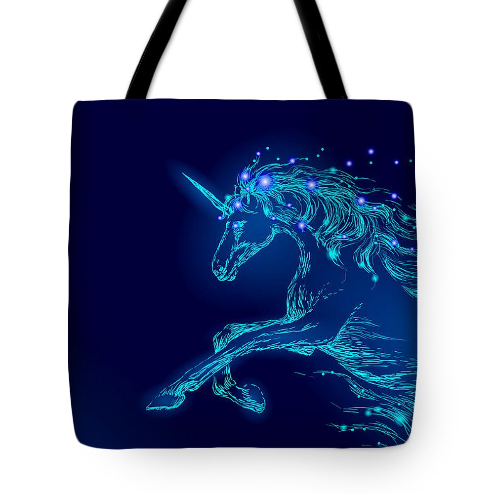 Tote Bag. Blue glowing horse unicorn riding night sky star.