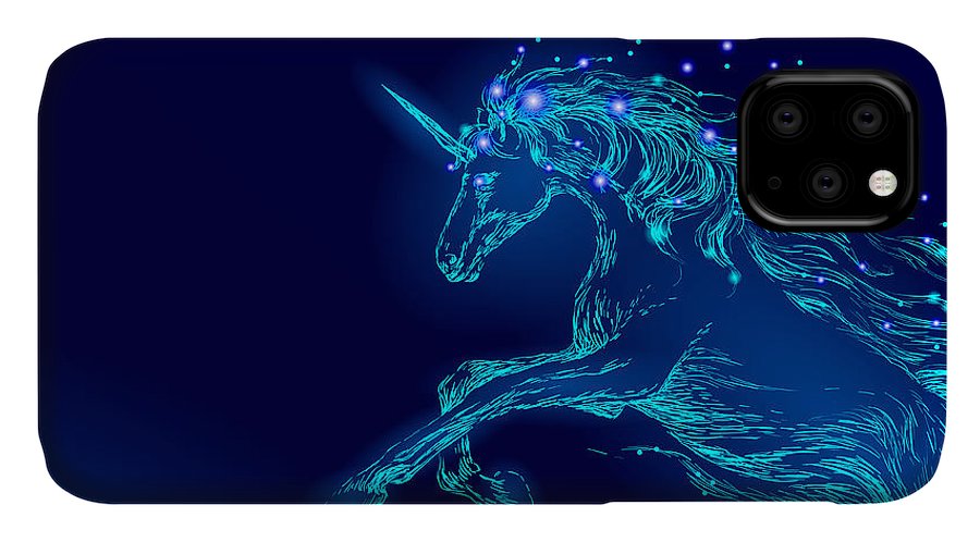 Phone Case. Blue glowing horse unicorn riding night sky star.
