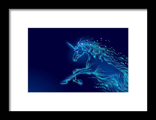 Framed Print. Blue glowing horse unicorn riding night sky star.