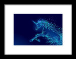 Framed Print. Blue glowing horse unicorn riding night sky star.