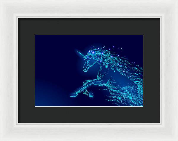 Framed Print. Blue glowing horse unicorn riding night sky star.