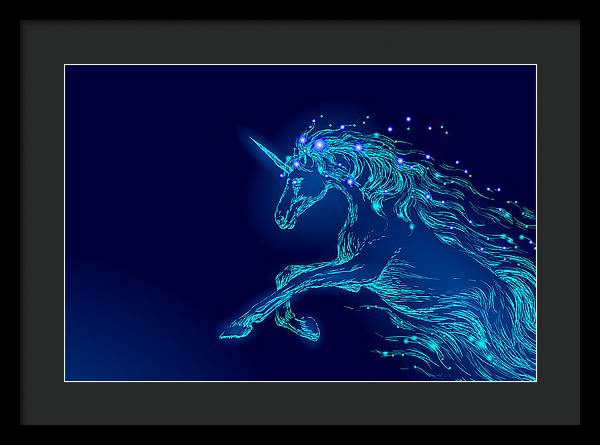 Framed Print. Blue glowing horse unicorn riding night sky star.