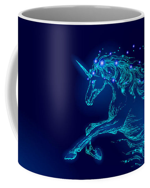 Mug. Blue glowing horse unicorn riding night sky star.