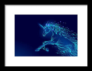 Framed Print. Blue glowing horse unicorn riding night sky star.