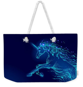 Weekender Tote Bag. Blue glowing horse unicorn riding night sky star.