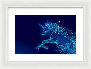 Framed Print. Blue glowing horse unicorn riding night sky star.