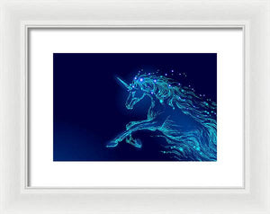 Framed Print. Blue glowing horse unicorn riding night sky star.