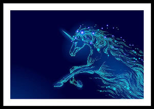Framed Print. Blue glowing horse unicorn riding night sky star.