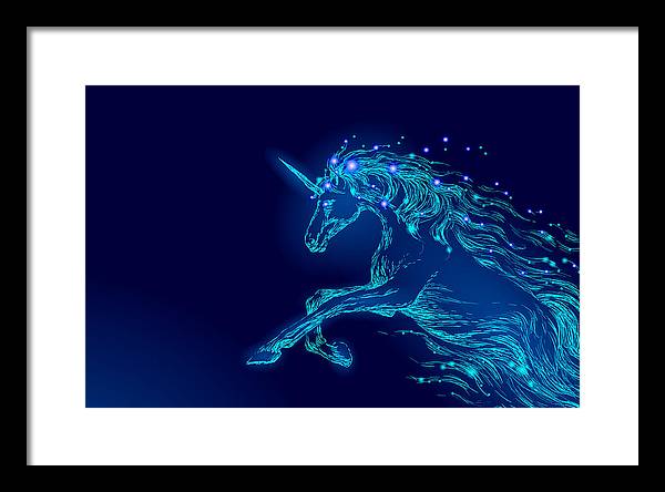 Framed Print. Blue glowing horse unicorn riding night sky star.