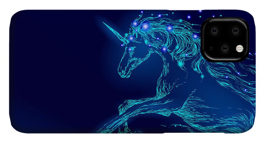 Phone Case. Blue glowing horse unicorn riding night sky star.