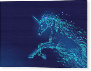 Wood Print. Blue glowing horse unicorn riding night sky star.