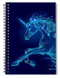 Spiral Notebook. Blue glowing horse unicorn riding night sky star.