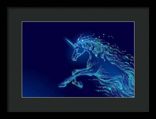 Framed Print. Blue glowing horse unicorn riding night sky star.