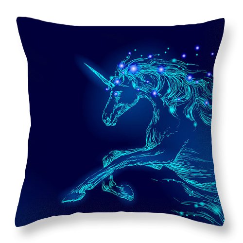 Throw Pillow. Blue glowing horse unicorn riding night sky star.