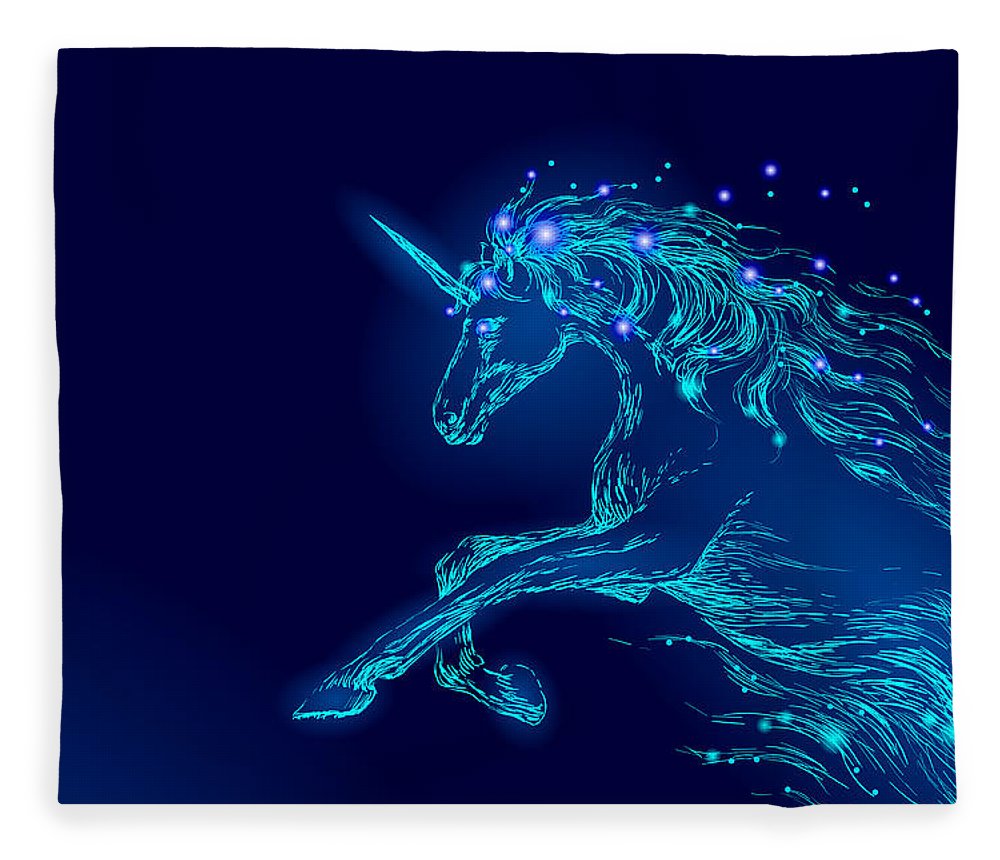 Blanket. Blue glowing horse unicorn riding night sky star.