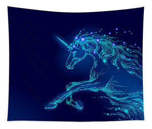 Tapestry. Blue glowing horse unicorn riding night sky star.