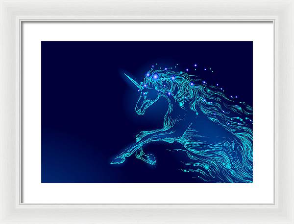 Framed Print. Blue glowing horse unicorn riding night sky star.