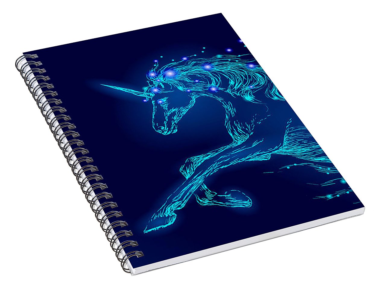 Spiral Notebook. Blue glowing horse unicorn riding night sky star.