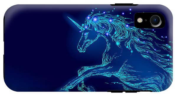 Phone Case. Blue glowing horse unicorn riding night sky star.