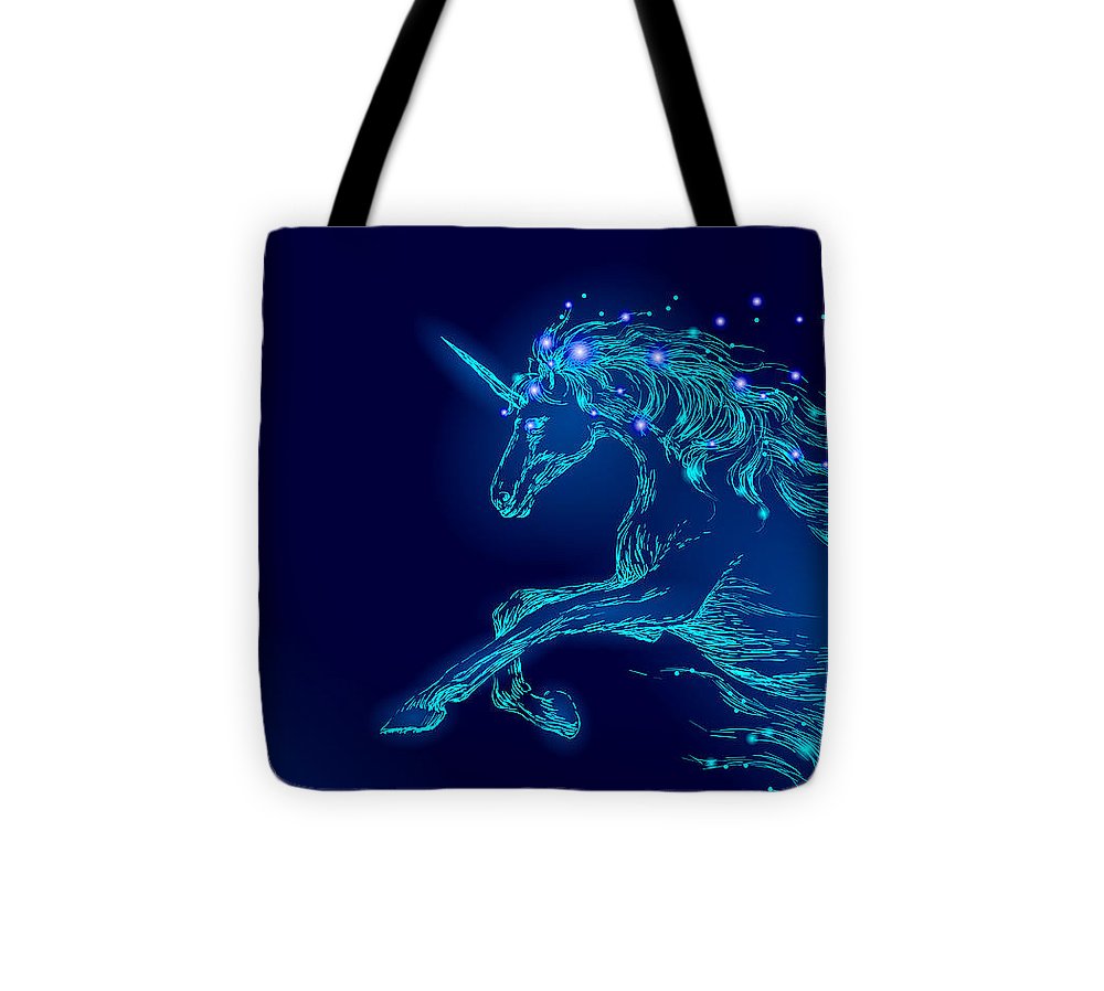 Tote Bag. Blue glowing horse unicorn riding night sky star.
