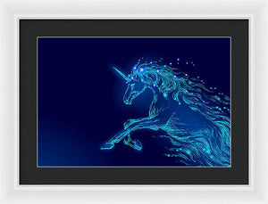 Framed Print. Blue glowing horse unicorn riding night sky star.