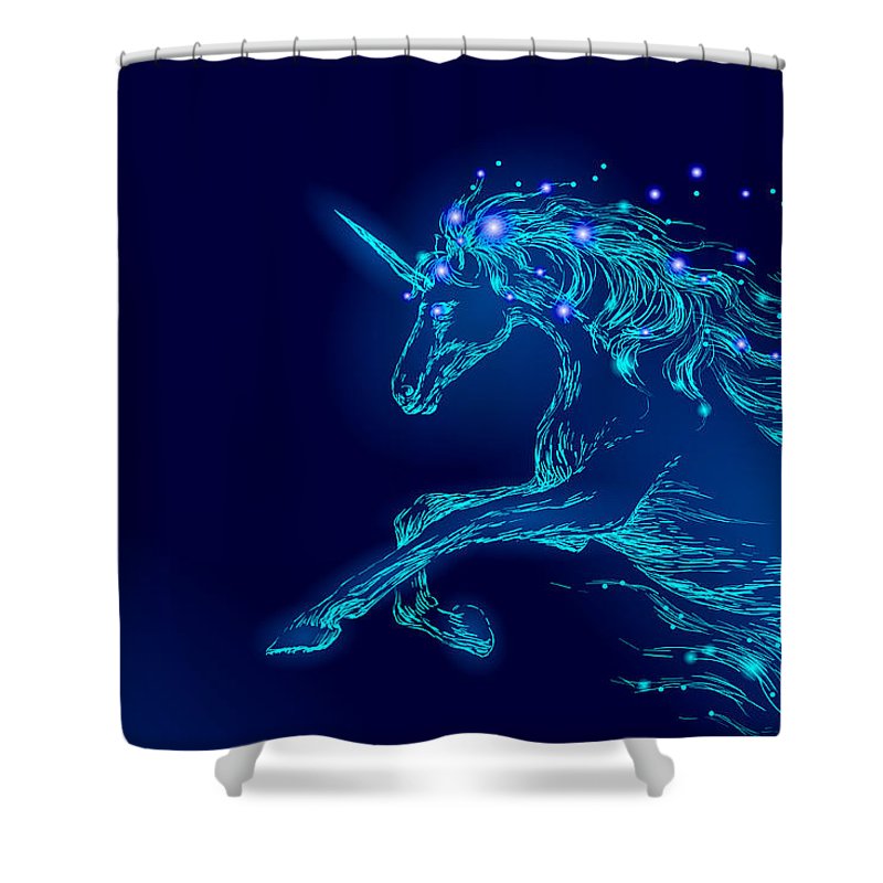 Shower Curtain. Blue glowing horse unicorn riding night sky star.
