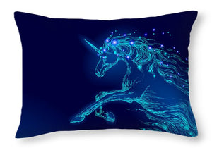Throw Pillow. Blue glowing horse unicorn riding night sky star.