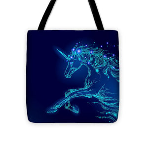 Tote Bag. Blue glowing horse unicorn riding night sky star.