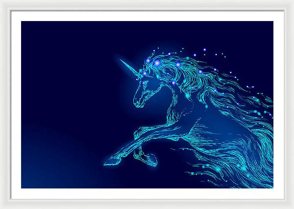 Framed Print. Blue glowing horse unicorn riding night sky star.