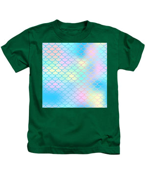 Magic mermaid tail background. Colorful seamless pattern with fish scale net. Blue pink mermaid skin surface. - Kids T-Shirt