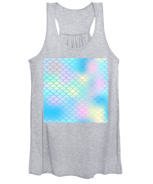 Magic mermaid tail background. Colorful seamless pattern with fish scale net. Blue pink mermaid skin surface. - Women's Tank Top