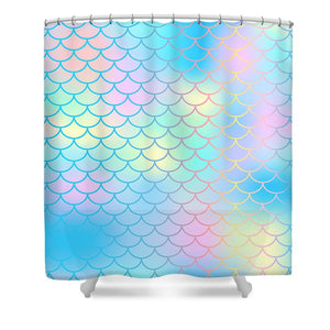 Magic mermaid tail background. Colorful seamless pattern with fish scale net. Blue pink mermaid skin surface. - Shower Curtain