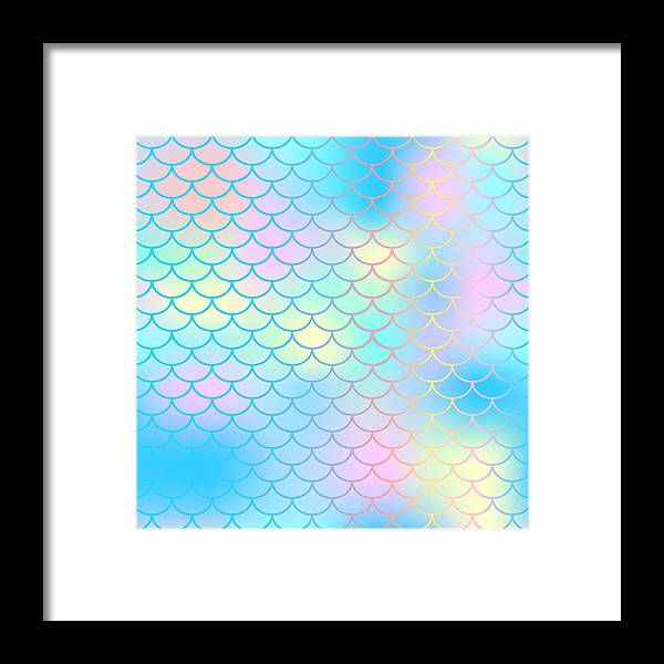 Magic mermaid tail background. Colorful seamless pattern with fish scale net. Blue pink mermaid skin surface. - Framed Print