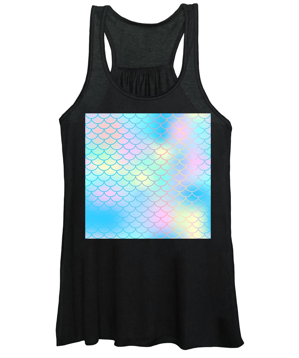 Magic mermaid tail background. Colorful seamless pattern with fish scale net. Blue pink mermaid skin surface. - Women's Tank Top