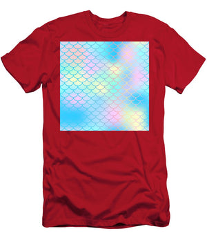 Magic mermaid tail background. Colorful seamless pattern with fish scale net. Blue pink mermaid skin surface. - T-Shirt