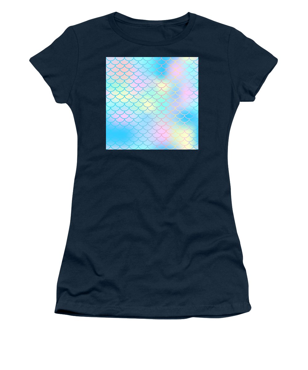 Magic mermaid tail background. Colorful seamless pattern with fish scale net. Blue pink mermaid skin surface. - Women's T-Shirt