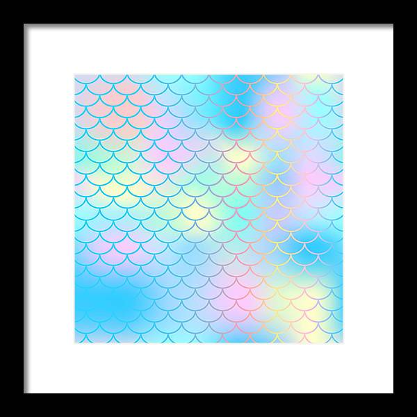 Magic mermaid tail background. Colorful seamless pattern with fish scale net. Blue pink mermaid skin surface. - Framed Print