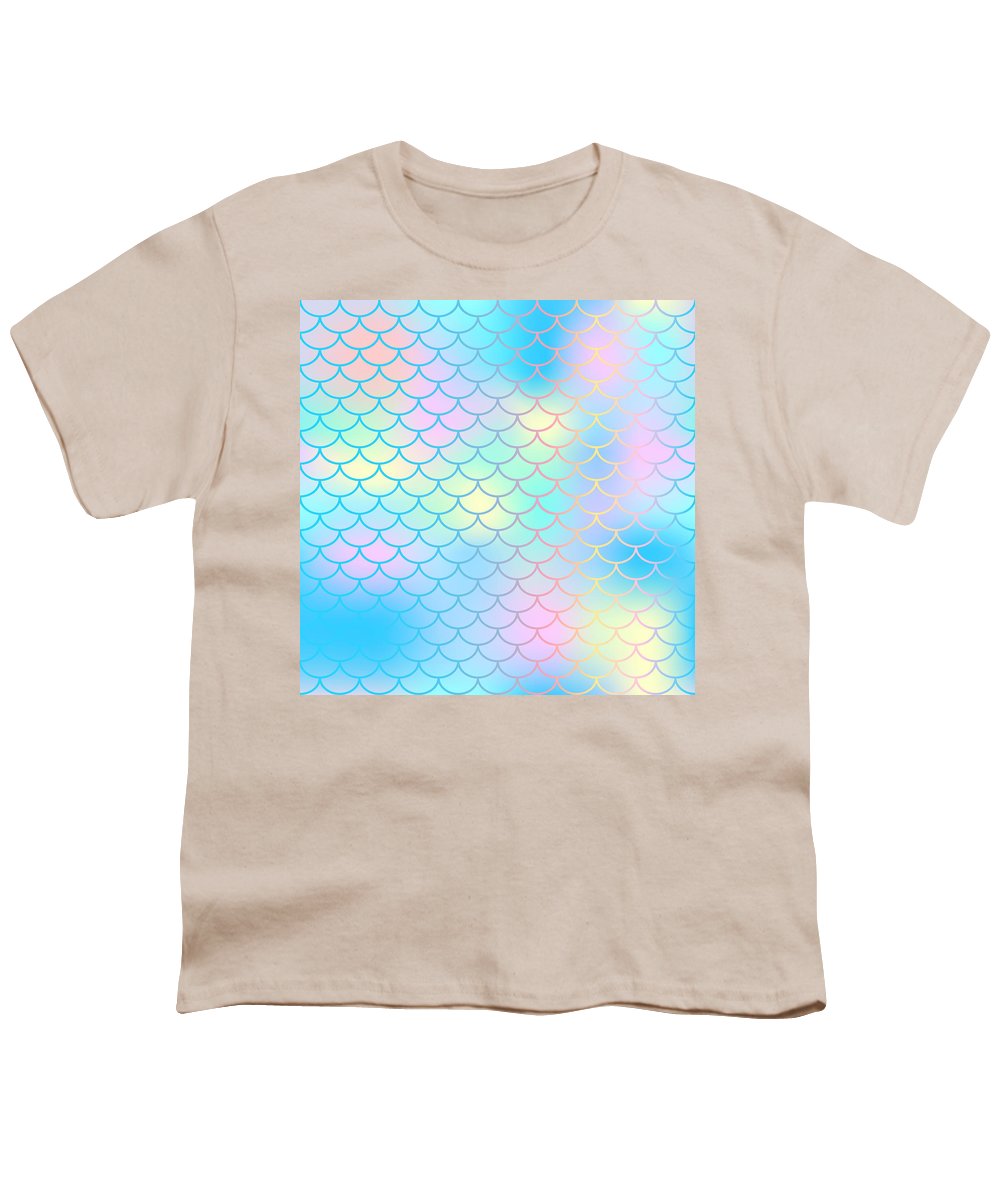 Magic mermaid tail background. Colorful seamless pattern with fish scale net. Blue pink mermaid skin surface. - Youth T-Shirt