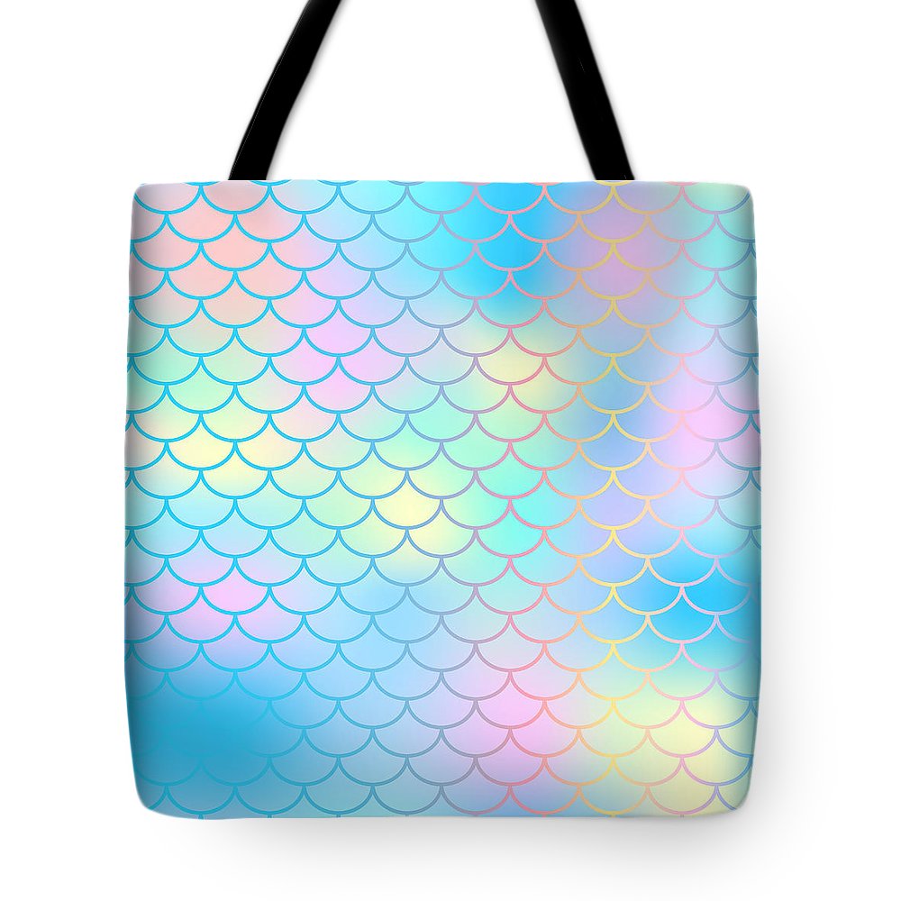 Magic mermaid tail background. Colorful seamless pattern with fish scale net. Blue pink mermaid skin surface. - Tote Bag