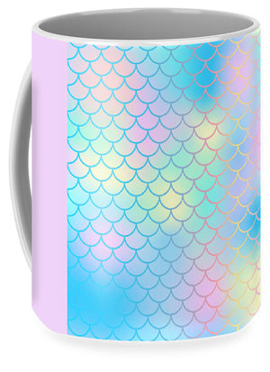 Magic mermaid tail background. Colorful seamless pattern with fish scale net. Blue pink mermaid skin surface. - Mug