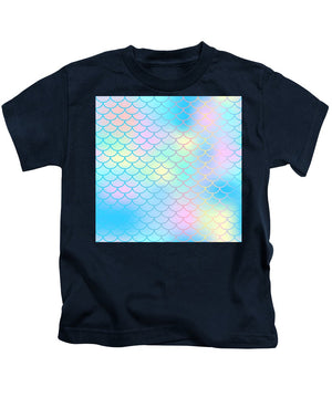 Magic mermaid tail background. Colorful seamless pattern with fish scale net. Blue pink mermaid skin surface. - Kids T-Shirt