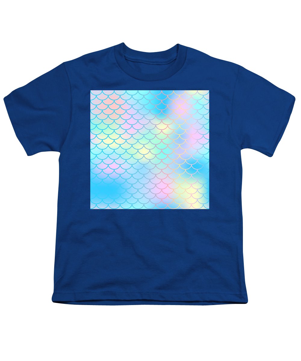 Magic mermaid tail background. Colorful seamless pattern with fish scale net. Blue pink mermaid skin surface. - Youth T-Shirt