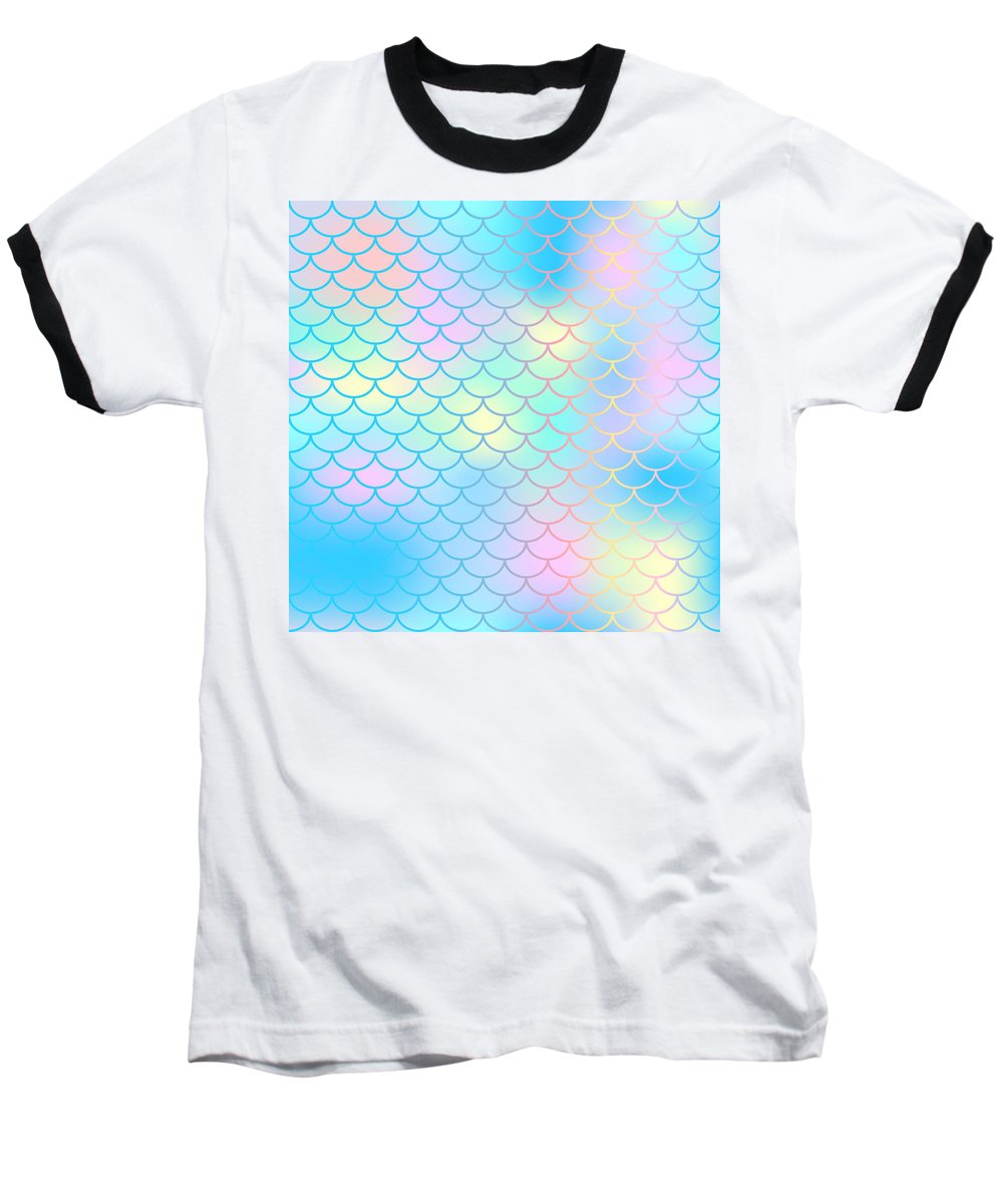 Magic mermaid tail background. Colorful seamless pattern with fish scale net. Blue pink mermaid skin surface. - Baseball T-Shirt