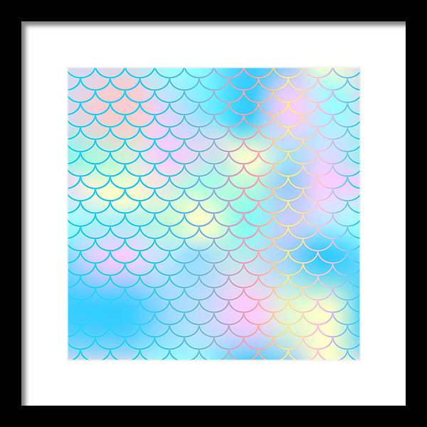 Magic mermaid tail background. Colorful seamless pattern with fish scale net. Blue pink mermaid skin surface. - Framed Print
