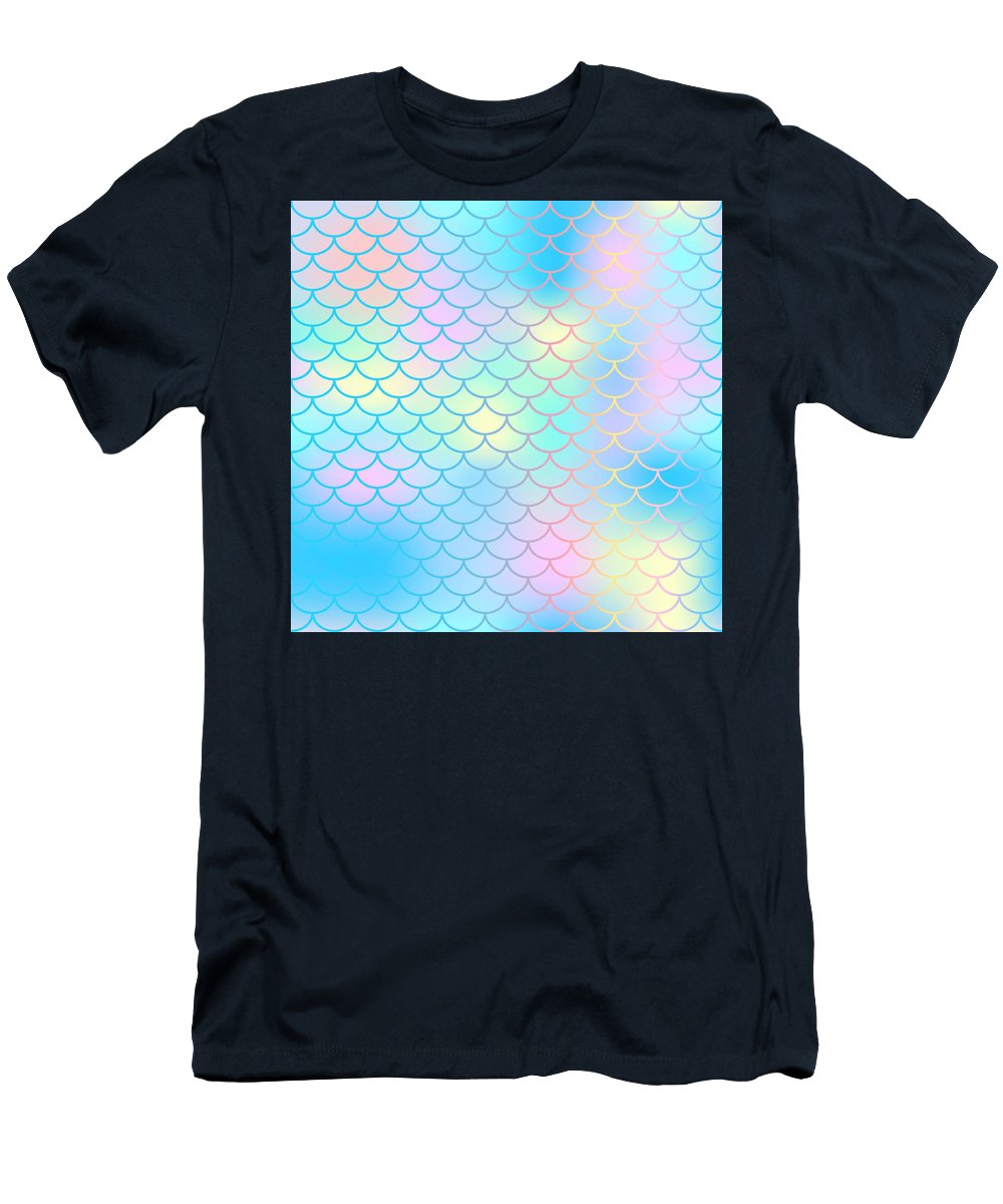 Magic mermaid tail background. Colorful seamless pattern with fish scale net. Blue pink mermaid skin surface. - T-Shirt