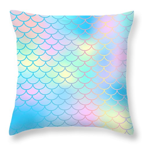 Magic mermaid tail background. Colorful seamless pattern with fish scale net. Blue pink mermaid skin surface. - Throw Pillow