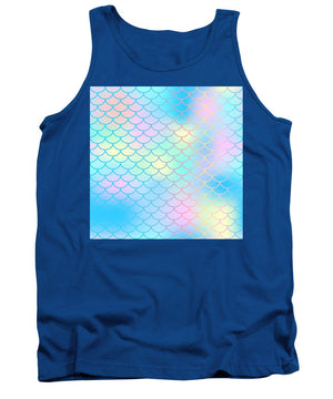Magic mermaid tail background. Colorful seamless pattern with fish scale net. Blue pink mermaid skin surface. - Tank Top
