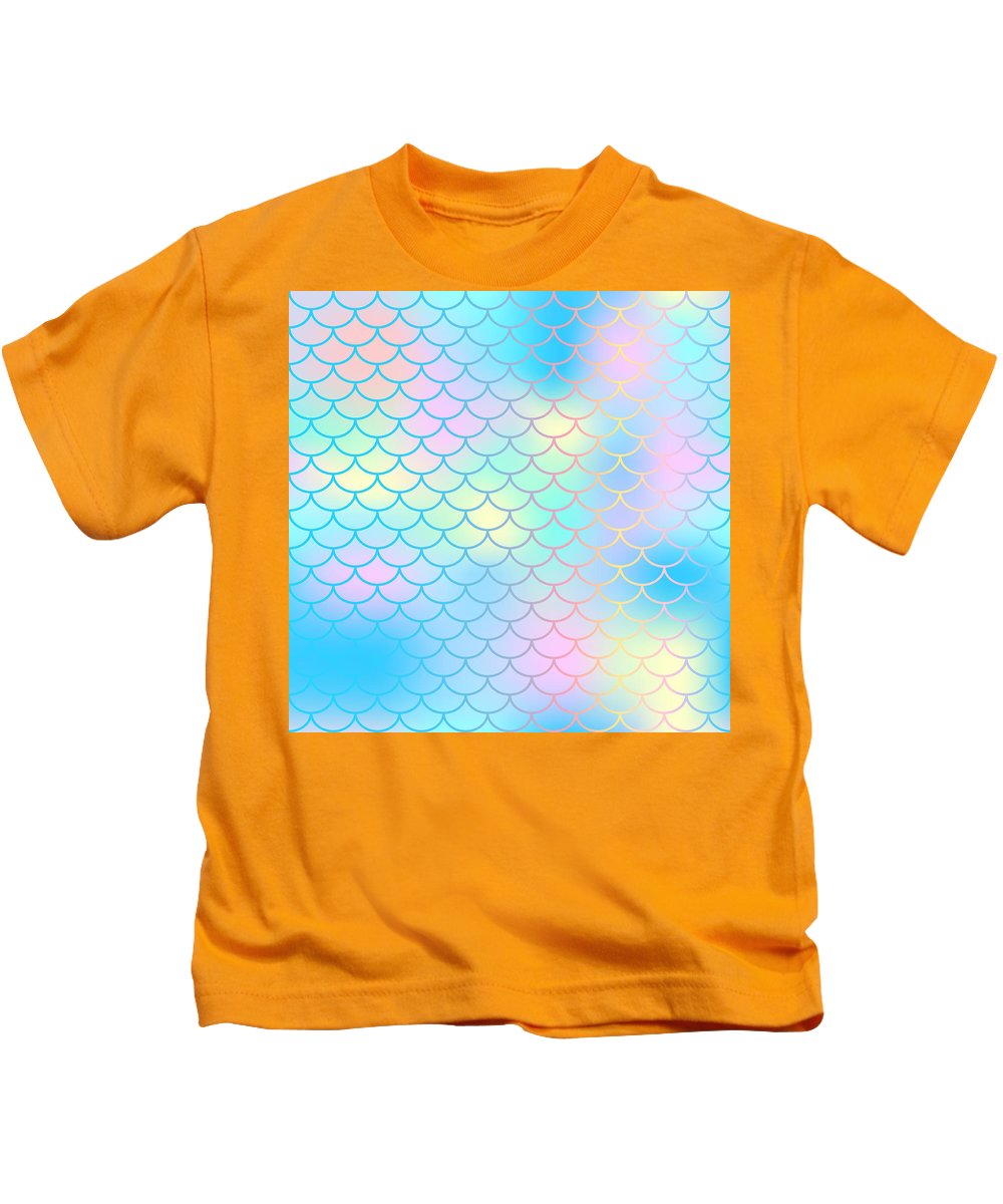 Magic mermaid tail background. Colorful seamless pattern with fish scale net. Blue pink mermaid skin surface. - Kids T-Shirt